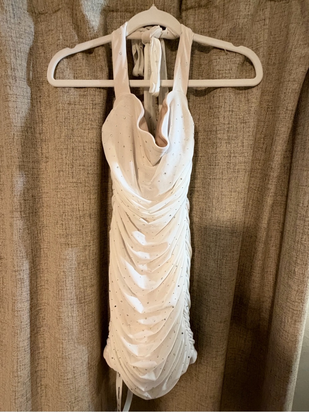 Lucy in the Sky White Halter Ruched Mini Dress with Crystal Embellishments